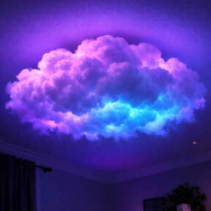 Cloud-shaped LED ceiling light glowing in purple and blue in a room